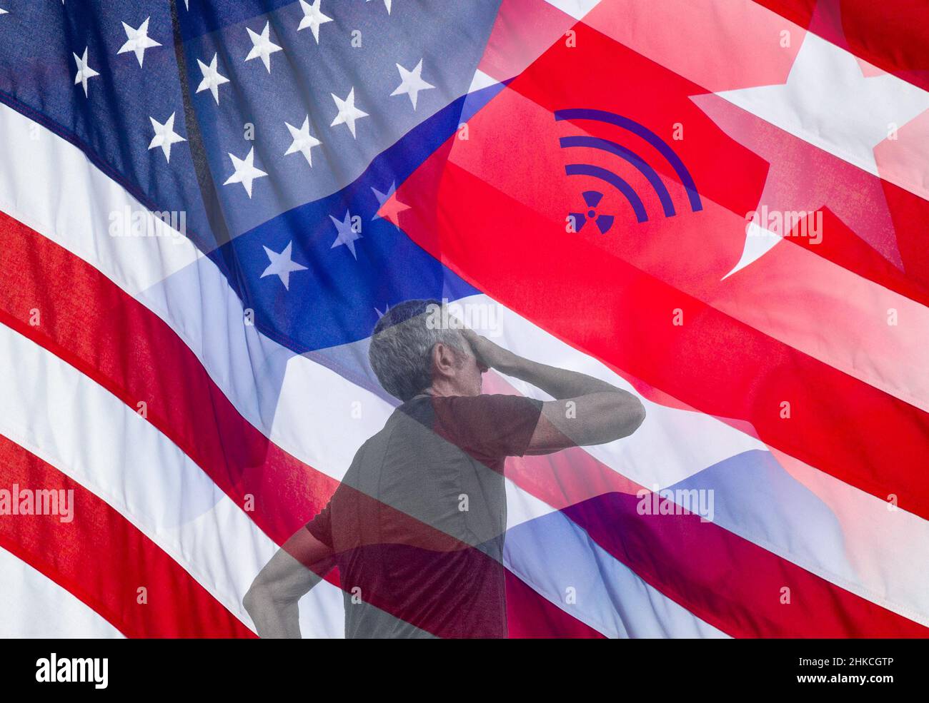 Konzept des Havana-Syndroms. Kubanische Flagge und amerikanische Flagge mit Mann mit der Hand auf der Stirn. Stockfoto