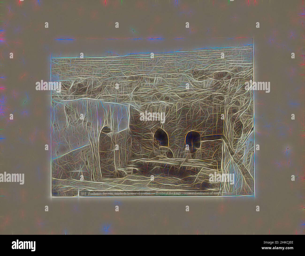 Inspiriert von den Gräbern der Könige [Tombeaux des rois, entrée de la Cour et Grottes/Gräber der Könige; Höhlen und Eingang des Hofes], Jerusalem, Palästina, Eingang und Mikvah, neu erfunden von Artotop. Klassische Kunst neu erfunden mit einem modernen Twist. Design von warmen fröhlichen Leuchten der Helligkeit und Lichtstrahl Strahlkraft. Fotografie inspiriert von Surrealismus und Futurismus, umarmt dynamische Energie der modernen Technologie, Bewegung, Geschwindigkeit und Kultur zu revolutionieren Stockfoto