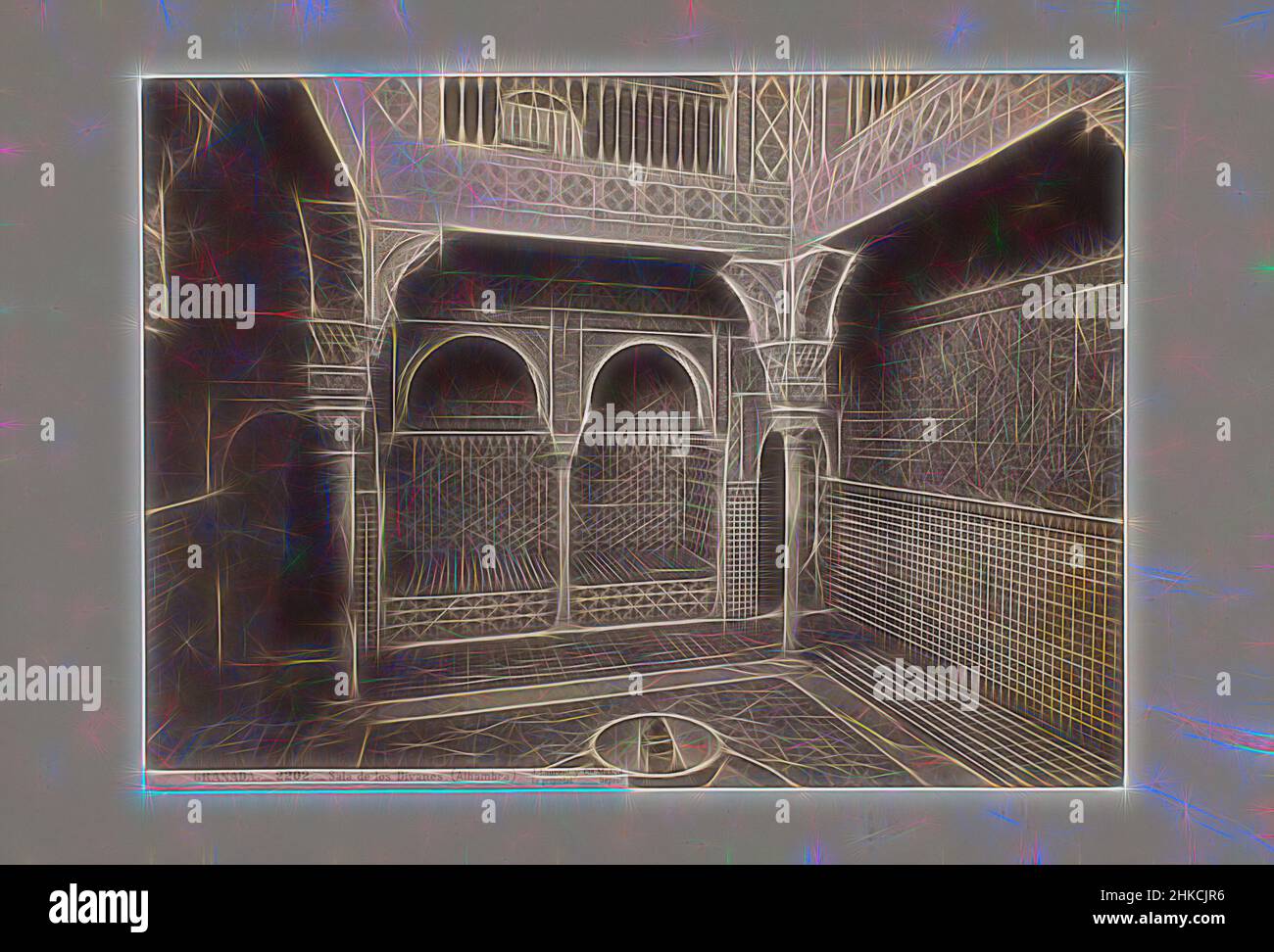 Inspiriert von Sala de los Divanes, Alhambra, Granada, Spanien, leeres Interieur mit Mosaik und schlanken Steinpilastern, die ein Gehege stützen., Juan Laurent, Madrid, c. 1857 - c. 1890, Albumendruck, Höhe 245 mm × Breite 335 mmhöhe 317 mm × Breite 471 mm, neu gestaltet von Artotop. Klassische Kunst neu erfunden mit einem modernen Twist. Design von warmen fröhlichen Leuchten der Helligkeit und Lichtstrahl Strahlkraft. Fotografie inspiriert von Surrealismus und Futurismus, umarmt dynamische Energie der modernen Technologie, Bewegung, Geschwindigkeit und Kultur zu revolutionieren Stockfoto