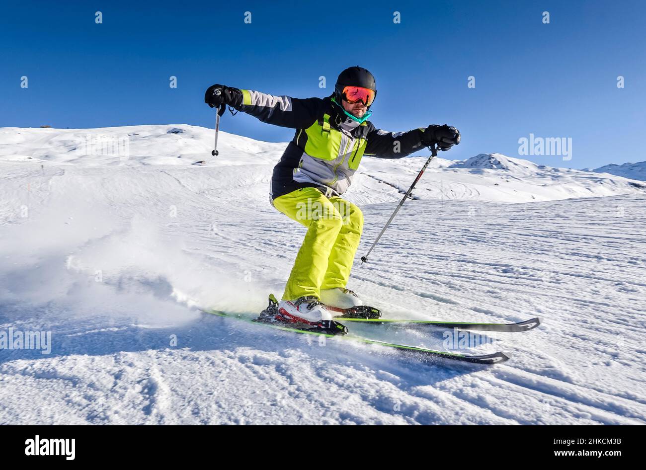 Skifahrer, Piste, Trois Vallees, Departement Savoie, Frankreich Stockfoto