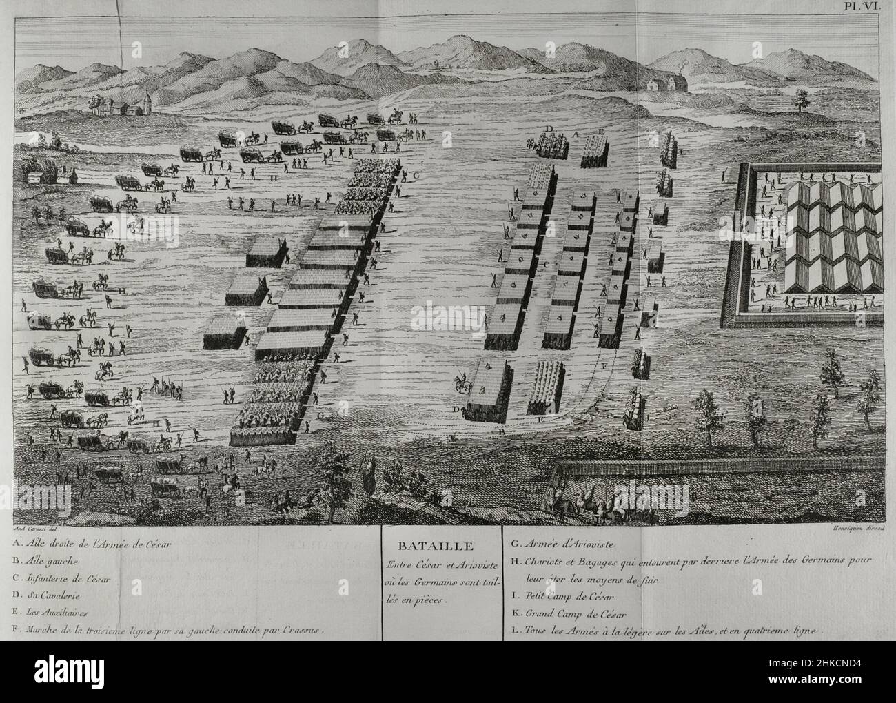 Gallische Kriege (58 v. Chr.-50 v. Chr.). Erster Feldzug gegen die germanischen Stämme (58 v. Chr.). Schlacht bei den Vogesen (58 v. Chr.). Kampf zwischen dem germanischen Stamm der Suebi unter dem Kommando von Ariovistus gegen sechs römische Legionen unter der Führung von Gaius Julius Caesar. Gravur. "Commentaires de Cesar, avec des notes historiques, critiques et militaires", von Graf Turpin de Crissé. Band I. Veröffentlicht in Montargis und verkauft in Paris, 1785. Stockfoto