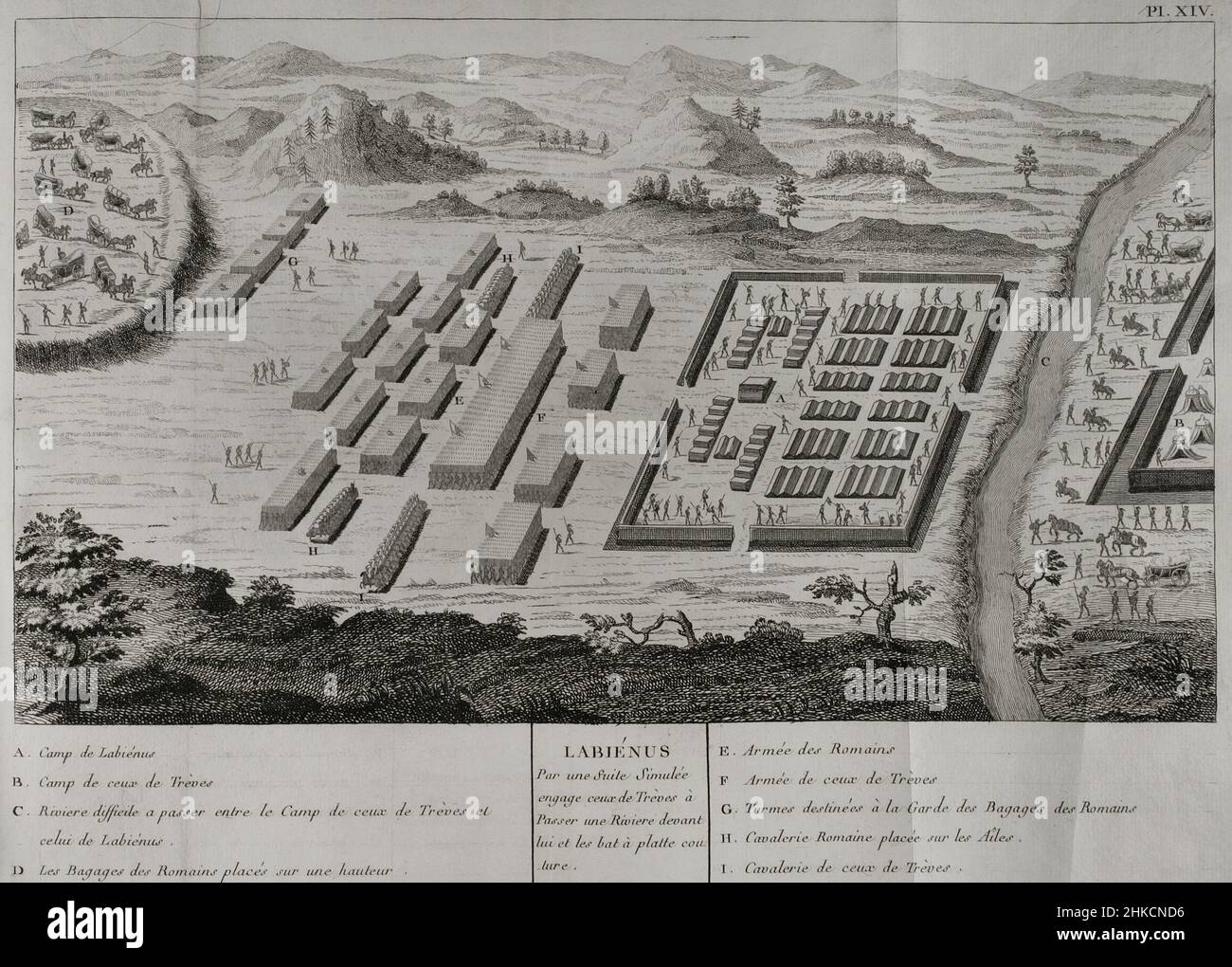 Gallische Kriege (58 v. Chr.-50 v. Chr.). Titus Labienus schlüpft in eine Falle, um die Treveri vor seinen Truppen über den Fluss zu bringen und sie später anzugreifen. Gravur. "Commentaires de Cesar, avec des notes historiques, critiques et militaires", von Graf Turpin de Crissé. Band I. Veröffentlicht in Montargis und verkauft in Paris, 1785. Stockfoto