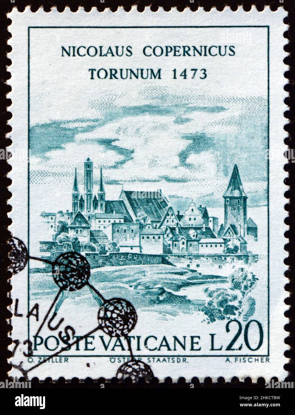 VATIKAN - UM 1973: Eine im Vatikan gedruckte Briefmarke zeigt Ansicht von Torun, Nicolaus Copernicus, polnischer Astronom, um 1973 Stockfoto