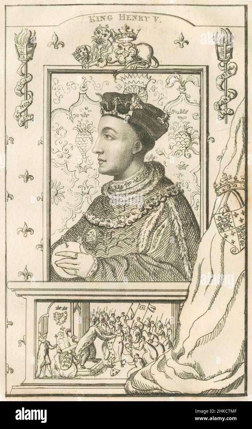 Antike Radierung von Heinrich V. von England um 1812. Heinrich V. (1386-1422), auch Heinrich von Monmouth genannt, war von 1413 bis zu seinem Tod 1422 König von England. QUELLE: ORIGINALRADIERUNG Stockfoto