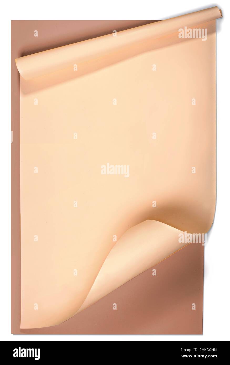 Zwei Blatt Papier, braun und gelb auf weißem Hintergrund Stockfoto