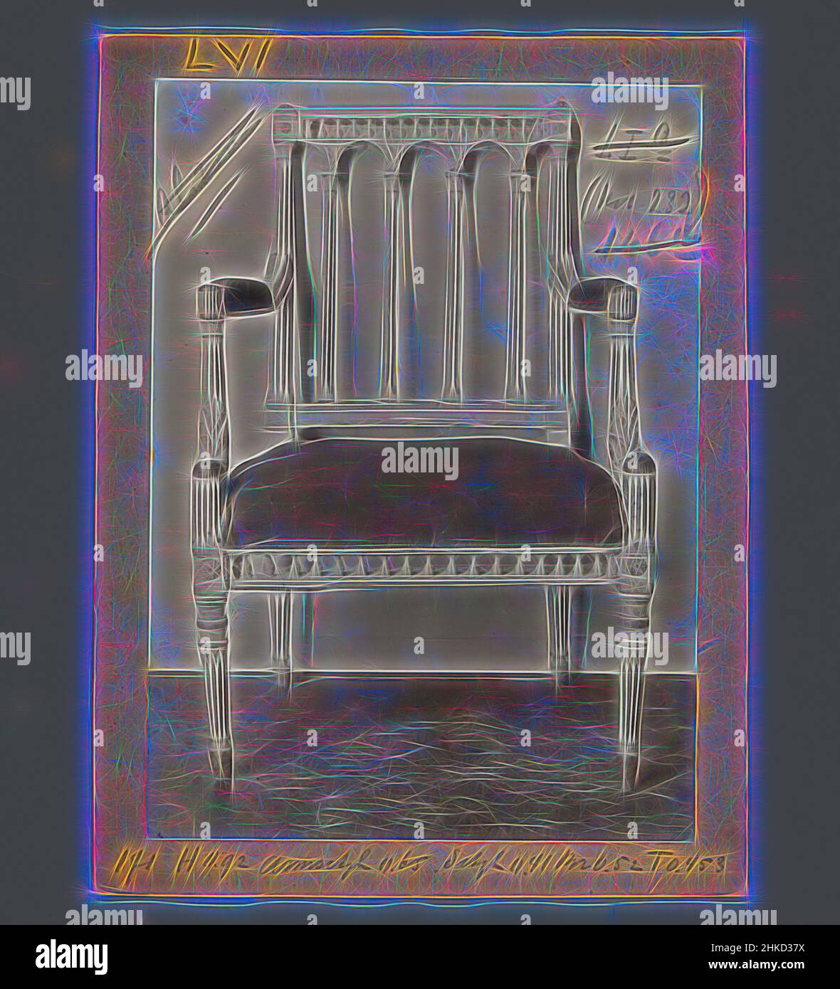 Inspiriert von Chair, dekoriert mit Pils ähnelnden Stäben, C. 1875 - c. 1900, Höhe 150 mm × Breite 108 mm, neu gestaltet von Artotop. Klassische Kunst neu erfunden mit einem modernen Twist. Design von warmen fröhlichen Leuchten der Helligkeit und Lichtstrahl Strahlkraft. Fotografie inspiriert von Surrealismus und Futurismus, umarmt dynamische Energie der modernen Technologie, Bewegung, Geschwindigkeit und Kultur zu revolutionieren Stockfoto