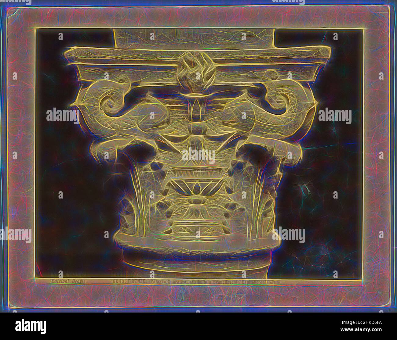 Inspiriert von dekoriertem Kapital wie im Palazzo Pazzi in Florenz, Capitello del Cortile, Firenzone, 1850 - 1900, Albumdruck, Höhe 232 mm × Breite 293 mm, neu gestaltet von Artotop. Klassische Kunst neu erfunden mit einem modernen Twist. Design von warmen fröhlichen Leuchten der Helligkeit und Lichtstrahl Strahlkraft. Fotografie inspiriert von Surrealismus und Futurismus, umarmt dynamische Energie der modernen Technologie, Bewegung, Geschwindigkeit und Kultur zu revolutionieren Stockfoto