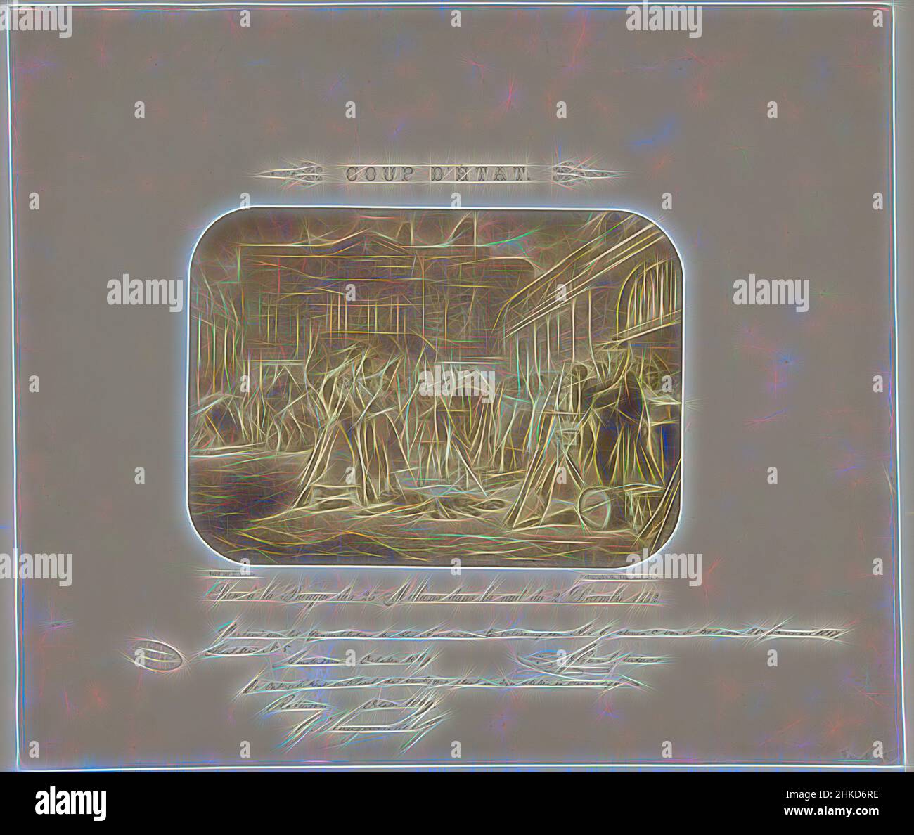 Inspiriert von Bankraub am 2. Dezember 1852, Coup d'Etat., Pry à la Banque des 25 Millions dans la nuit du 2 décembre 1852, Gemälde einer Gruppe von Party- und trinkenden Soldaten auf der Straße um ein Holzfeuer. Laut der Inschrift handelt es sich hier um einen Bankraub am 2. Dezember 1852 in, Reimagined by Artotop. Klassische Kunst neu erfunden mit einem modernen Twist. Design von warmen fröhlichen Leuchten der Helligkeit und Lichtstrahl Strahlkraft. Fotografie inspiriert von Surrealismus und Futurismus, umarmt dynamische Energie der modernen Technologie, Bewegung, Geschwindigkeit und Kultur zu revolutionieren Stockfoto