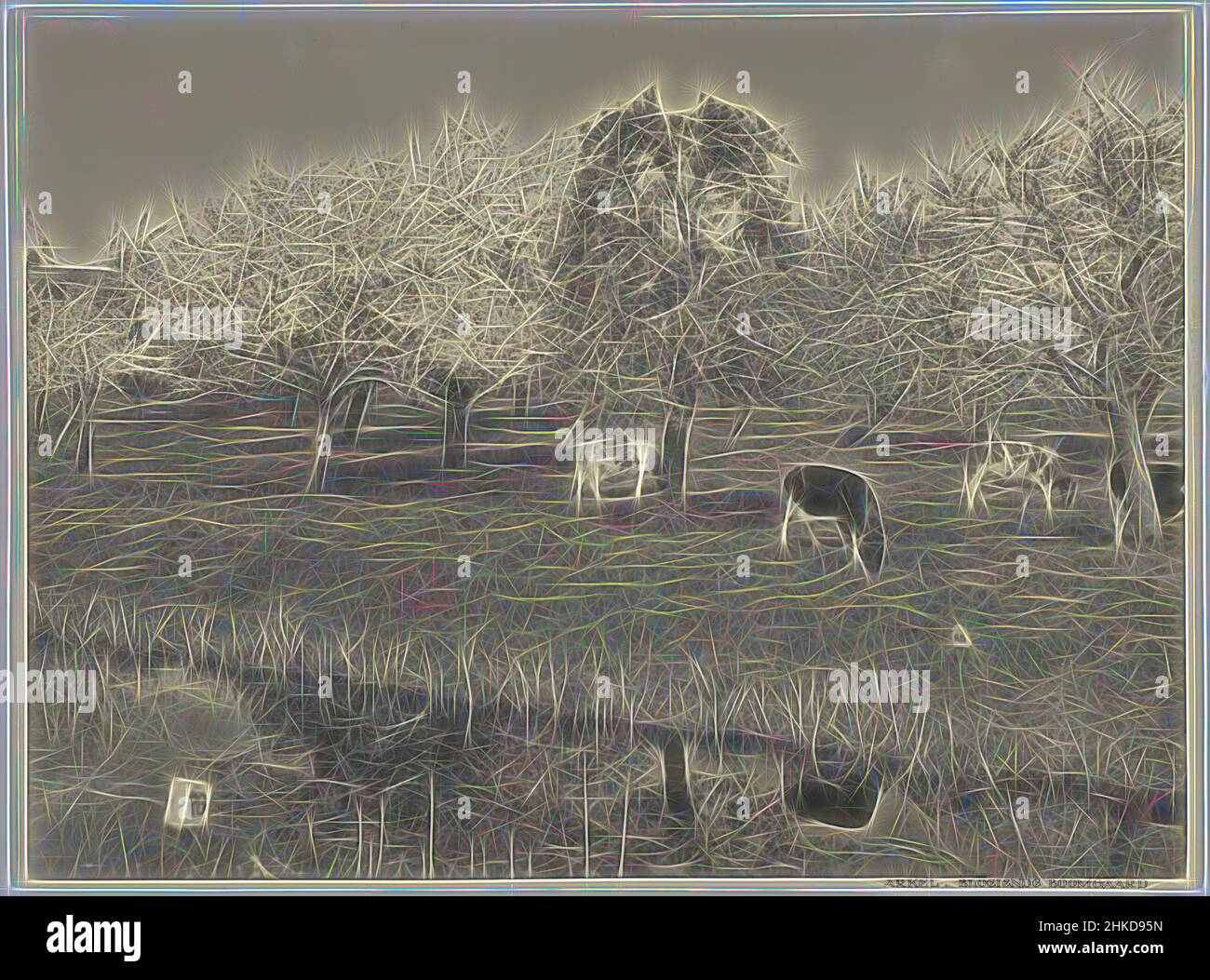 Inspiriert von blühender Obstplantage mit grasenden Kühen, blühender Obstgarten und grasenden Kühen, Arkel, Niederlande, 1920 - 1940, Papier, Silbergelatine Print, Höhe 293 mm × Breite 390 mm, neu gestaltet von Artotop. Klassische Kunst neu erfunden mit einem modernen Twist. Design von warmen fröhlichen Leuchten der Helligkeit und Lichtstrahl Strahlkraft. Fotografie inspiriert von Surrealismus und Futurismus, umarmt dynamische Energie der modernen Technologie, Bewegung, Geschwindigkeit und Kultur zu revolutionieren Stockfoto