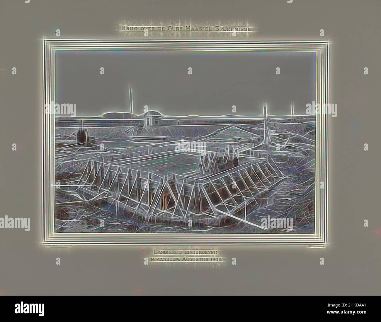 Inspiriert von der im Bau befindlichen Brücke über die Alte Maas am linken Ufer bei Spijkenisse, Brücke über die Alte Maas bei Spijkenisse, Arnaud Pistoor & Zoon, Den Bosch, Aug-1900, Höhe 293 mm × Breite 419 mm, neu gestaltet von Artotop. Klassische Kunst neu erfunden mit einem modernen Twist. Design von warmen fröhlichen Leuchten der Helligkeit und Lichtstrahl Strahlkraft. Fotografie inspiriert von Surrealismus und Futurismus, umarmt dynamische Energie der modernen Technologie, Bewegung, Geschwindigkeit und Kultur zu revolutionieren Stockfoto