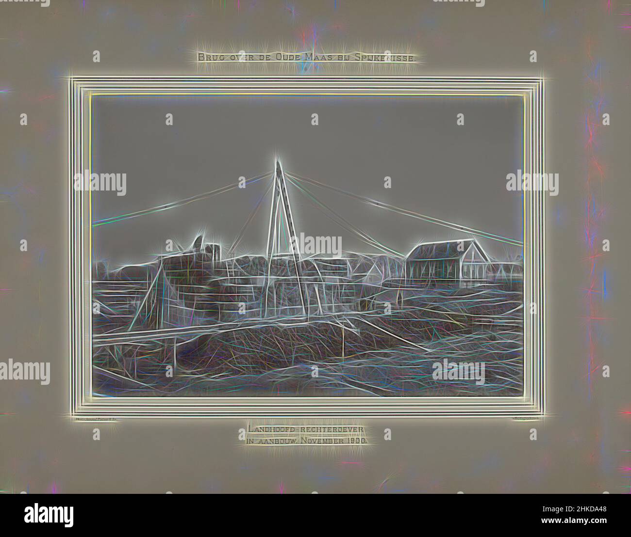Inspiriert durch den Bau des Aufbaus für die Brücke über die Alte Maas am rechten Ufer bei Spijkenisse, Brücke über die Alte Maas bei Spijkenisse, Arnaud Pistoor & Zoon, Den Bosch, Nov-1900, Höhe 293 mm × Breite 419 mm, neu gestaltet von Artotop. Klassische Kunst neu erfunden mit einem modernen Twist. Design von warmen fröhlichen Leuchten der Helligkeit und Lichtstrahl Strahlkraft. Fotografie inspiriert von Surrealismus und Futurismus, umarmt dynamische Energie der modernen Technologie, Bewegung, Geschwindigkeit und Kultur zu revolutionieren Stockfoto