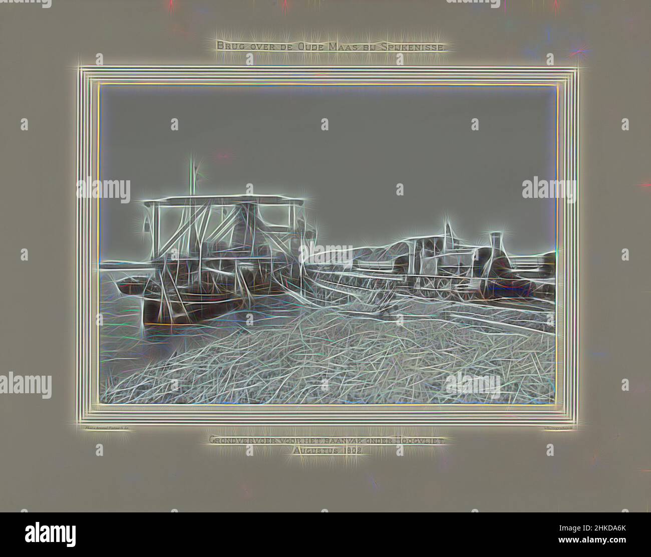 Inspiriert von Aktivitäten während des Baus der Brücke über die Alte Maas in Spijkenisse, Transport des Bodens mit einem Dampfzug für den Abschnitt unterhalb Hoogvliet, Brücke über die Alte Maas in Spijkenisse, Arnaud Pistoor & Zoon, Den Bosch, Aug-1902, Höhe 293 mm × Breite 420 mm, neu erfunden von Artotop. Klassische Kunst neu erfunden mit einem modernen Twist. Design von warmen fröhlichen Leuchten der Helligkeit und Lichtstrahl Strahlkraft. Fotografie inspiriert von Surrealismus und Futurismus, umarmt dynamische Energie der modernen Technologie, Bewegung, Geschwindigkeit und Kultur zu revolutionieren Stockfoto