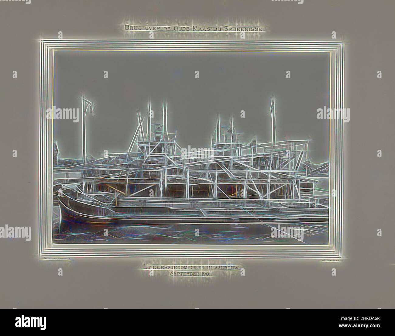 Inspiriert von der Faltung der linken Bachsäule für die Brücke über die Alte Maas bei Spijkenisse, Brücke über die Alte Maas bei Spijkenisse, Arnaud Pistoor & Zoon, Den Bosch, Sep-1901, Höhe 293 mm × Breite 420 mm, neu gestaltet von Artotop. Klassische Kunst neu erfunden mit einem modernen Twist. Design von warmen fröhlichen Leuchten der Helligkeit und Lichtstrahl Strahlkraft. Fotografie inspiriert von Surrealismus und Futurismus, umarmt dynamische Energie der modernen Technologie, Bewegung, Geschwindigkeit und Kultur zu revolutionieren Stockfoto