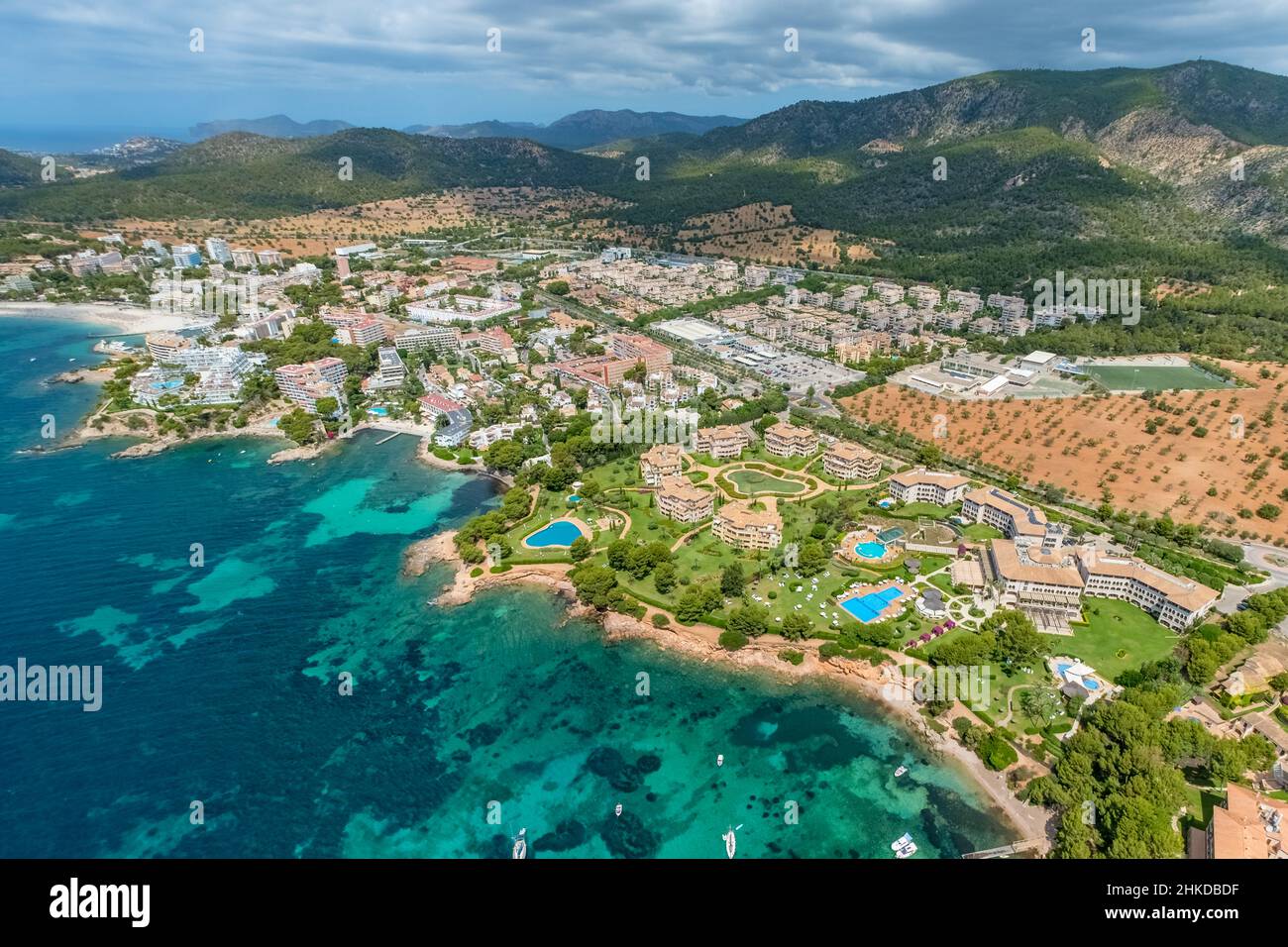 Luftaufnahme, Wohnanlage Residencias Mardavall, Strand Platja de Mardavall, La Punta Negra, Palmanova, Calvià, Mallorca, Balearen, Spanien Stockfoto