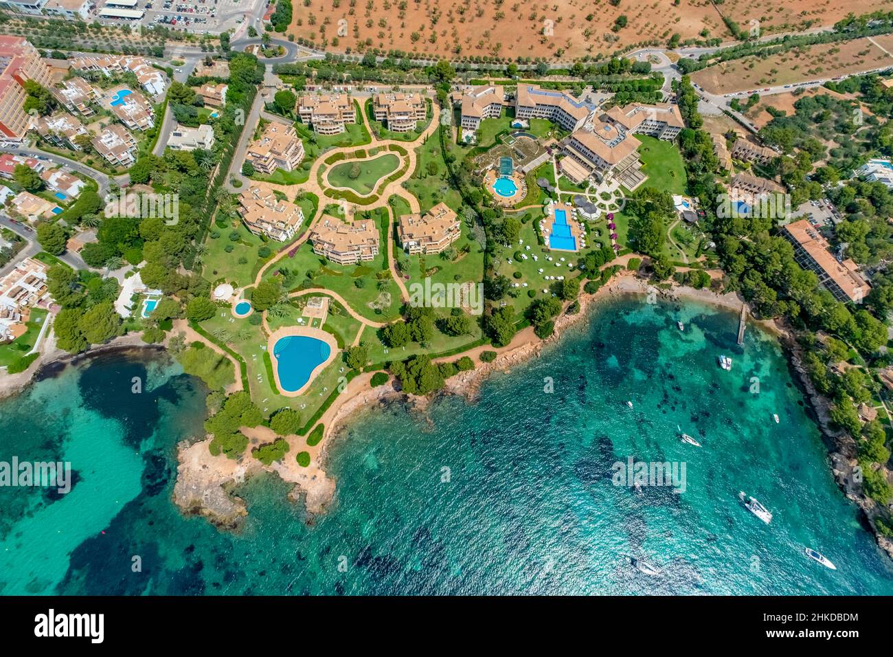 Luftaufnahme, Wohnanlage Residencias Mardavall, Strand Platja de Mardavall, La Punta Negra, Palmanova, Calvià, Mallorca, Balearen, Spanien Stockfoto