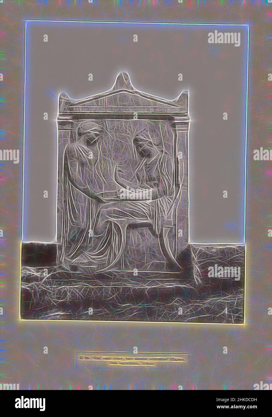 Inspiriert von Grabstein, in dem eine Frau ihren Schmuck überreicht, G 26. Grab einer Frau, die ihren Schmuck (Hegeso) übergab. Antiker Friedhof, Athen., Griechenland, die verstorbene Hegeso, Tochter von Proxenos, übergibt ihren Schmuck an ihren Diener. Das Foto ist Teil der Fotoserie von Griechenland, Reimagined by Artotop. Klassische Kunst neu erfunden mit einem modernen Twist. Design von warmen fröhlichen Leuchten der Helligkeit und Lichtstrahl Strahlkraft. Fotografie inspiriert von Surrealismus und Futurismus, umarmt dynamische Energie der modernen Technologie, Bewegung, Geschwindigkeit und Kultur zu revolutionieren Stockfoto