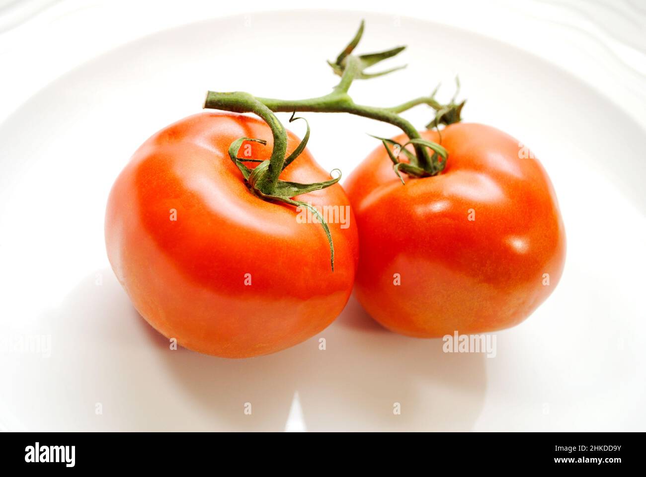 Zwei Gereifte Tomaten Aus Der Rebe Stockfoto