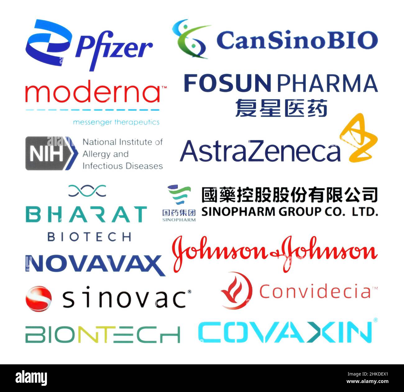Kiew, Ukraine - 09. November 2021: Eine Reihe beliebter Logos von Pharmaunternehmen und Unternehmen, die Coronavirus-Impfstoffe entwickelt haben, wie z. B.: Pfiz Stockfoto