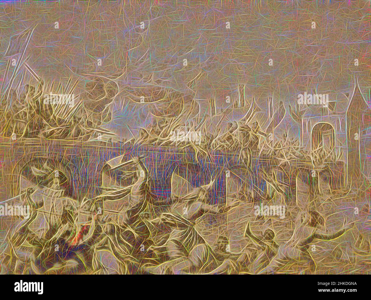 Inspiriert von der Fotoreproduktion eines Stichs des Sturms von Maastricht durch den Herzog von Parma am 29. Juli 1579, Niederlande, 1850 - 1900, Albumdruck, Höhe 60 mm × Breite 81 mmhöhe 63 mm × Breite 105 mm, neu gestaltet von Artotop. Klassische Kunst neu erfunden mit einem modernen Twist. Design von warmen fröhlichen Leuchten der Helligkeit und Lichtstrahl Strahlkraft. Fotografie inspiriert von Surrealismus und Futurismus, umarmt dynamische Energie der modernen Technologie, Bewegung, Geschwindigkeit und Kultur zu revolutionieren Stockfoto