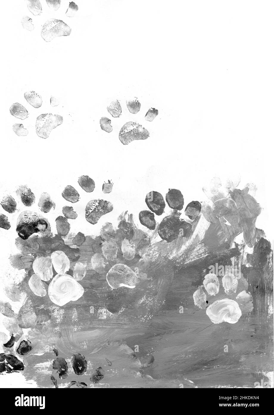 Fußabdrücke von Hunden oder Katzen auf Papier. Farbspuren. Monochrome Textur. Hintergrund in Grautönen. Illustration mit Farben auf Papier. Stockfoto