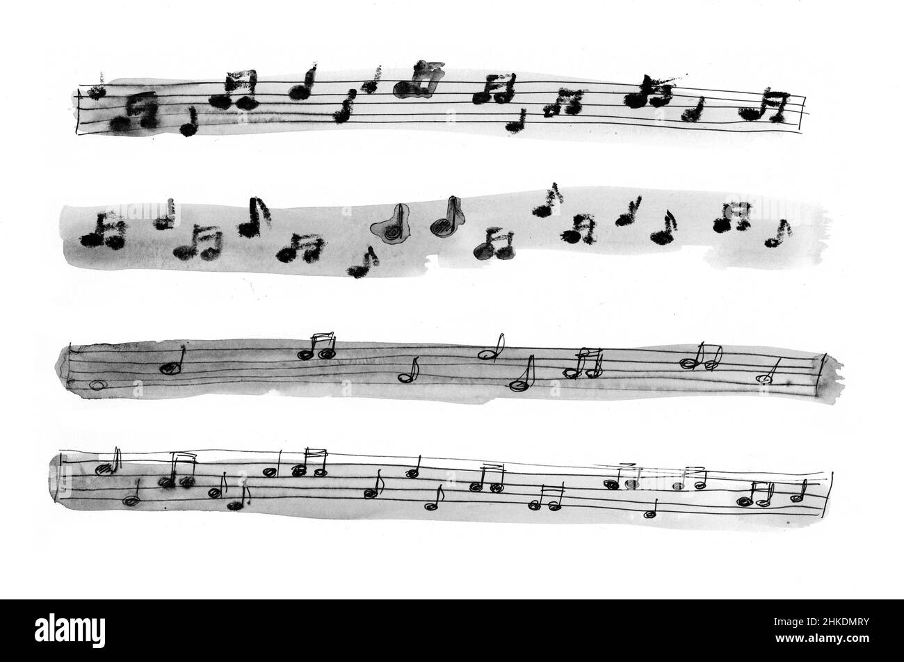 Anmerkungen zu einem Notenskvettel. Handgeschriebene monochrome Grafik mit dünnem Stift und verdünnter Farbe. Design. Stockfoto