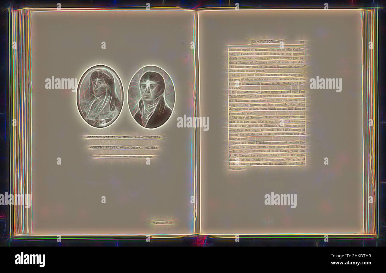 Inspiriert von zwei Fotoreproduktionen eines Porträts von Richard Cobdens Vater und Mutter starb Cobdens Mutter, nèe Millicent Amber, 1825. Cobdens Vater, William Cobden, starb 1833, Hersteller:, c. 1881 - in oder vor 1891, Papier, Höhe 252 mm × Breite 190 mm, neu erfunden von Artotop. Klassische Kunst neu erfunden mit einem modernen Twist. Design von warmen fröhlichen Leuchten der Helligkeit und Lichtstrahl Strahlkraft. Fotografie inspiriert von Surrealismus und Futurismus, umarmt dynamische Energie der modernen Technologie, Bewegung, Geschwindigkeit und Kultur zu revolutionieren Stockfoto