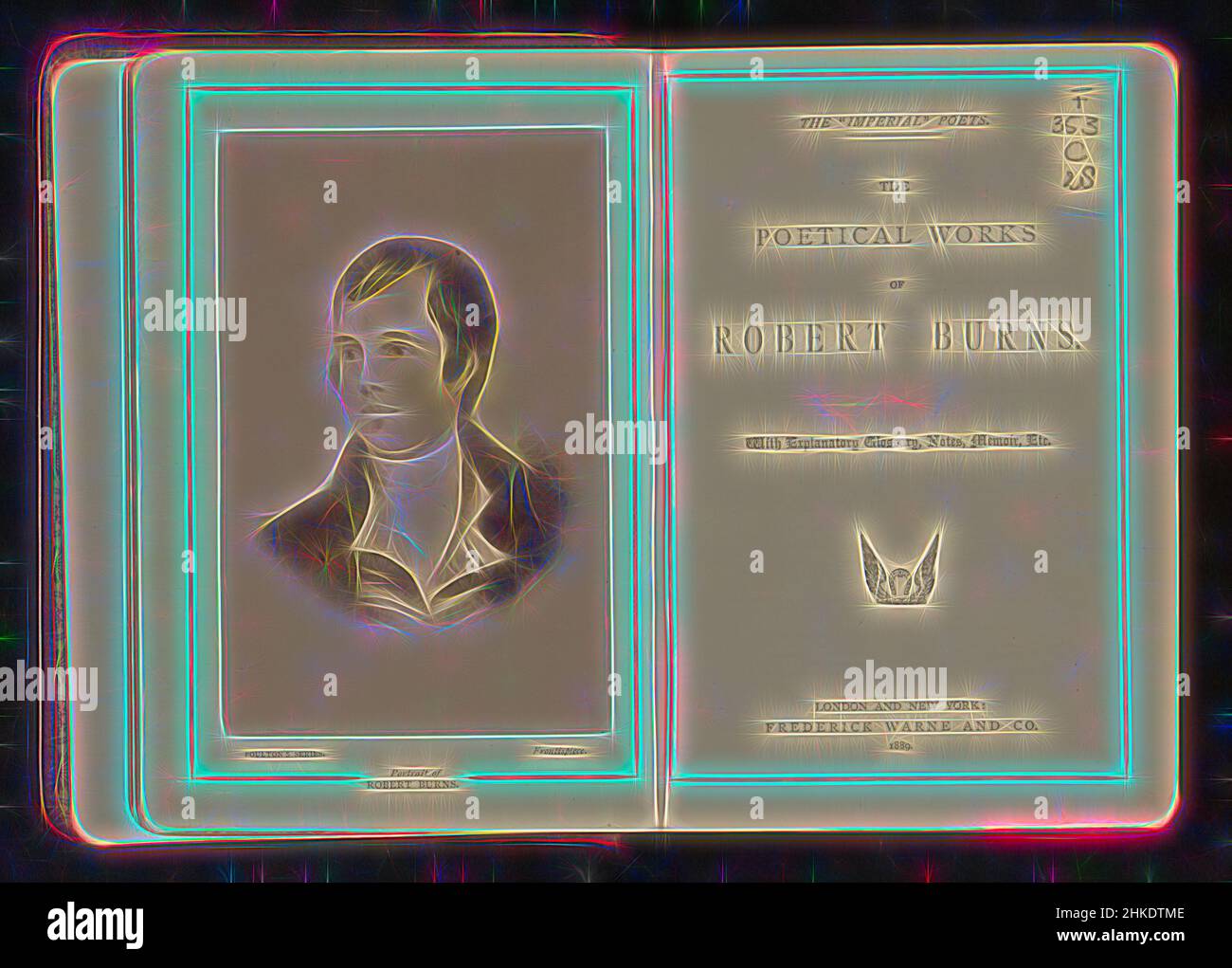 Inspiriert von den poetischen Werken von Robert Burns, Robert Burns, Verlag: Frederick Warne and Co., London, 1889, Papier, Druck, Albumendruck, dekoriertes Papier, Höhe 192 mm × Breite 142 mm × Dicke 45 mm, neu gestaltet von Artotop. Klassische Kunst neu erfunden mit einem modernen Twist. Design von warmen fröhlichen Leuchten der Helligkeit und Lichtstrahl Strahlkraft. Fotografie inspiriert von Surrealismus und Futurismus, umarmt dynamische Energie der modernen Technologie, Bewegung, Geschwindigkeit und Kultur zu revolutionieren Stockfoto
