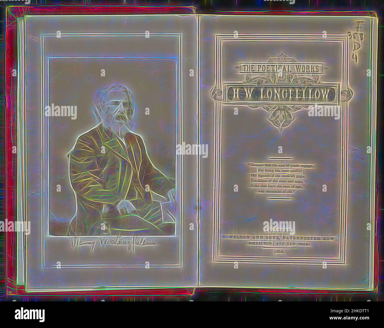 Inspiriert von den poetischen Werken von H.W. Longfellow, Henry Wadsworth Longfellow, Herausgeber: T. Nelson and Sons, London, 1866, Papier, Albumendruck, Gravur, Höhe 175 mm × Breite 115 mm × Dicke 35 mm, neu gestaltet von Artotop. Klassische Kunst neu erfunden mit einem modernen Twist. Design von warmen fröhlichen Leuchten der Helligkeit und Lichtstrahl Strahlkraft. Fotografie inspiriert von Surrealismus und Futurismus, umarmt dynamische Energie der modernen Technologie, Bewegung, Geschwindigkeit und Kultur zu revolutionieren Stockfoto