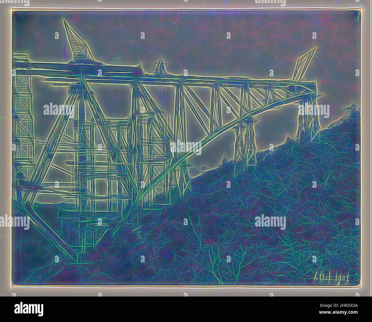 Inspiriert vom Bau des Viadukts Viaur in Frankreich durch die Societé de Construction des Battignolles, 4. Oktober 1901, Frankreich, 4-Okt-1901, Cyanotyp, Höhe 230 mm × Breite 292 mm, neu erfunden von Artotop. Klassische Kunst neu erfunden mit einem modernen Twist. Design von warmen fröhlichen Leuchten der Helligkeit und Lichtstrahl Strahlkraft. Fotografie inspiriert von Surrealismus und Futurismus, umarmt dynamische Energie der modernen Technologie, Bewegung, Geschwindigkeit und Kultur zu revolutionieren Stockfoto