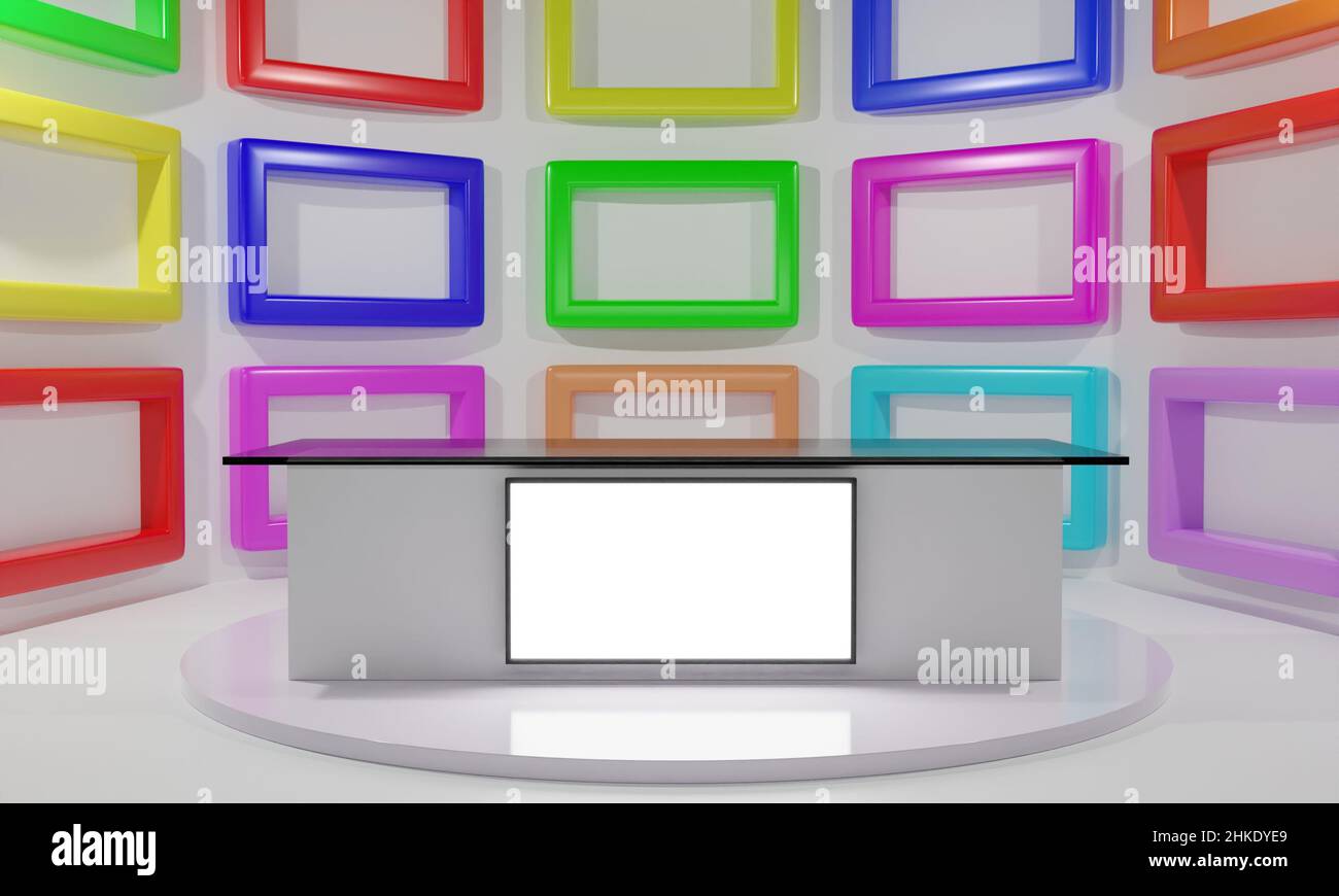 Weißer Tisch und farbenfroher Hintergrund in einem Nachrichtenstudio.3D Rendering. Stockfoto