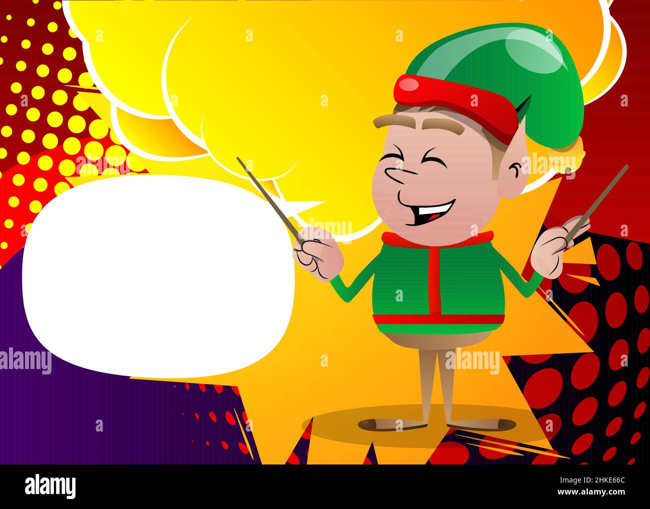 Dirigent des Weihnachtselfen-Orchesters. Vektor Cartoon Figur Illustration von Santa Claus kleinen Arbeiter, Helfer. Stock Vektor