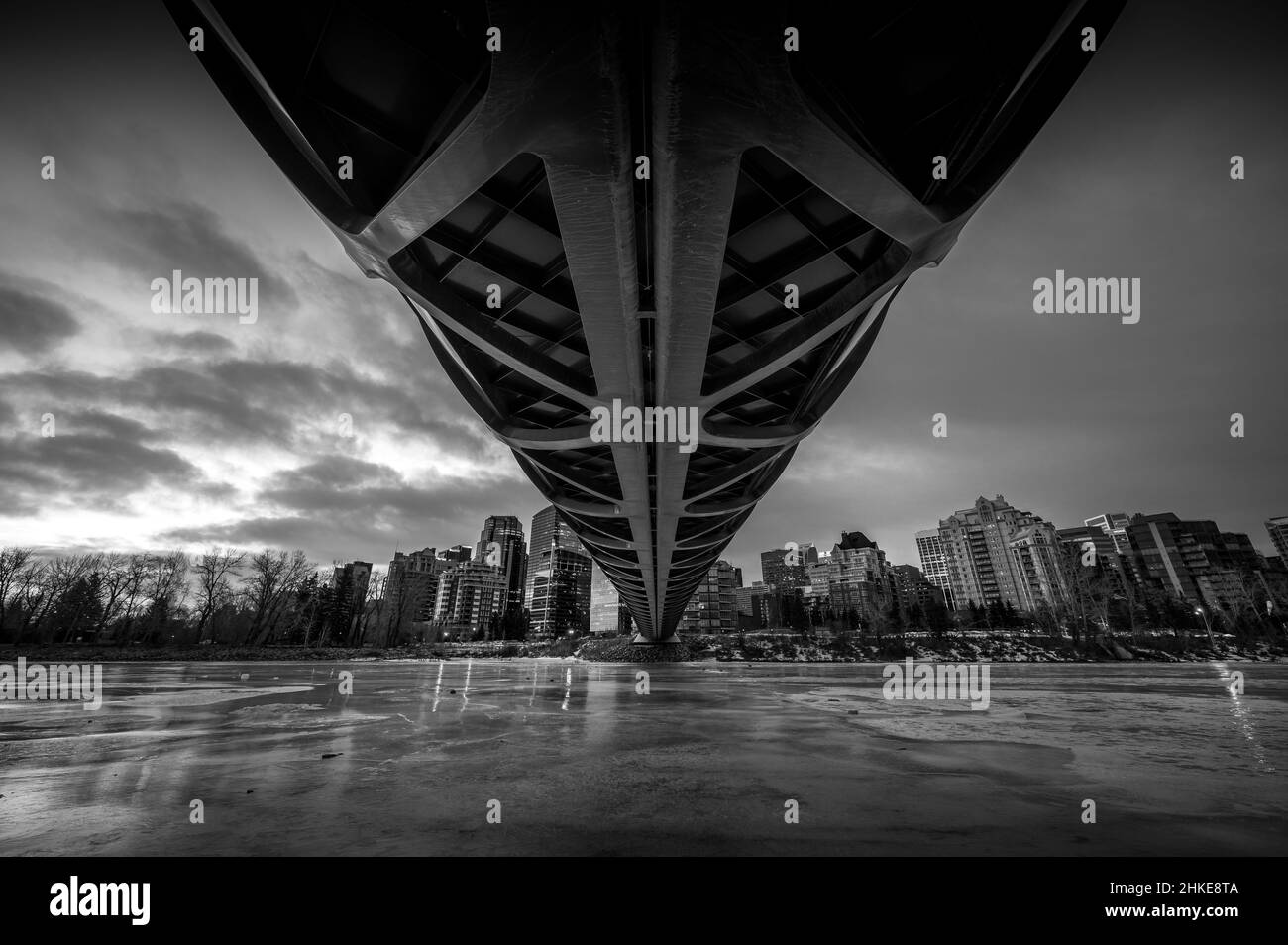 Blick auf die Skyline am Morgen entlang des Bow River in Calgary, Alberta. Friedensbrücke sichtbar. Stockfoto