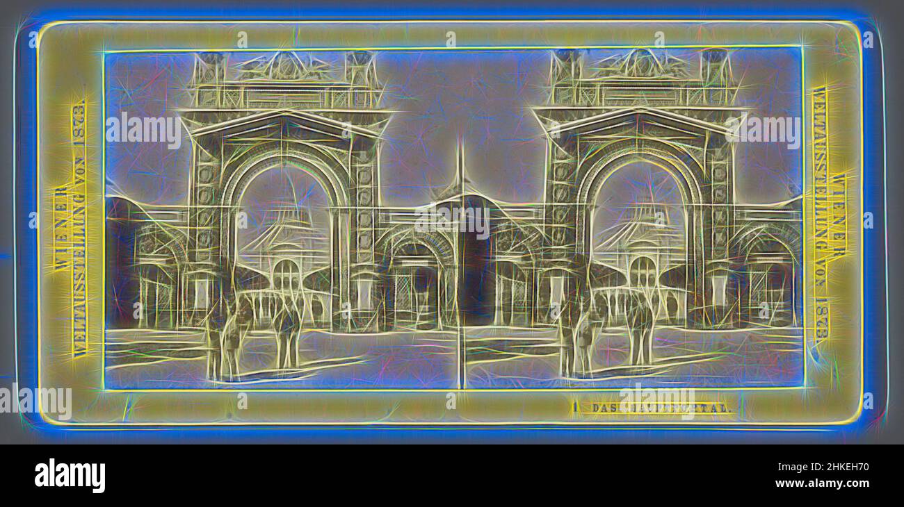 Inspiriert vom Eingangstor mit Rotunde dahinter auf der Weltausstellung 1873, das Hauptportal, Wiener Weltausstellung von 1873, Wien, 1873, Papier, Albumendruck, Höhe 86 mm × Breite 175 mm, neu gestaltet von Artotop. Klassische Kunst neu erfunden mit einem modernen Twist. Design von warmen fröhlichen Leuchten der Helligkeit und Lichtstrahl Strahlkraft. Fotografie inspiriert von Surrealismus und Futurismus, umarmt dynamische Energie der modernen Technologie, Bewegung, Geschwindigkeit und Kultur zu revolutionieren Stockfoto