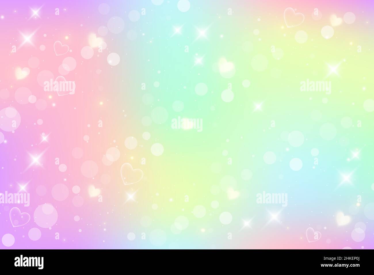 Rainbow Fantasy Hintergrund. Holografische Darstellung in Pastellfarben. Niedliche Cartoon girly Hintergrund. Heller, farbenfroher Himmel mit Bokeh und Herzen. V Stock Vektor