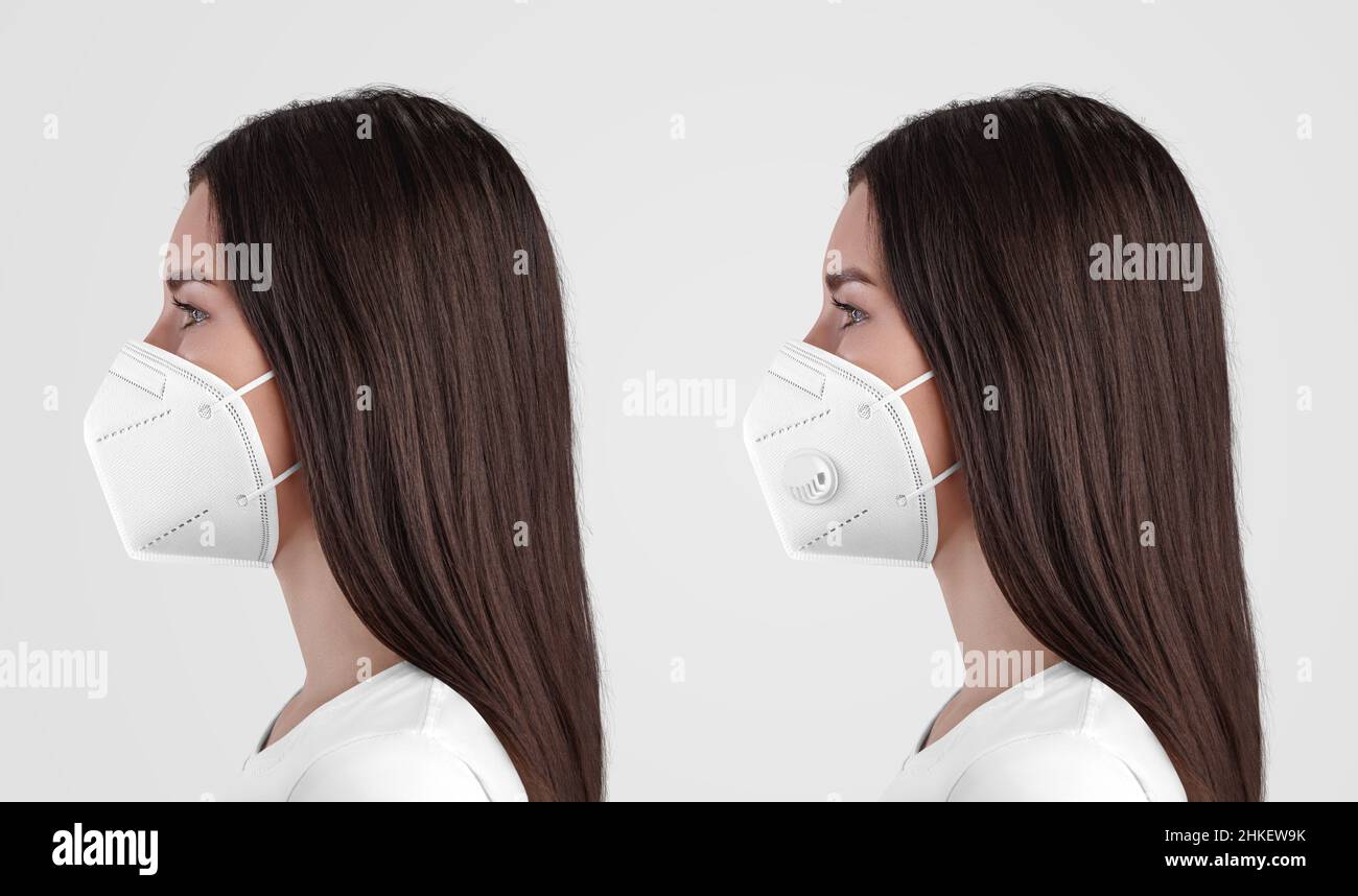 Weiße Maskenvorlage mit Ausatemventil FFP3 an einer Krankenschwester, einem  Mädchen in einer medizinischen Maske mit und ohne mechanischem Filter.  Modell für Atemschutzmaske für Schutz Stockfotografie - Alamy