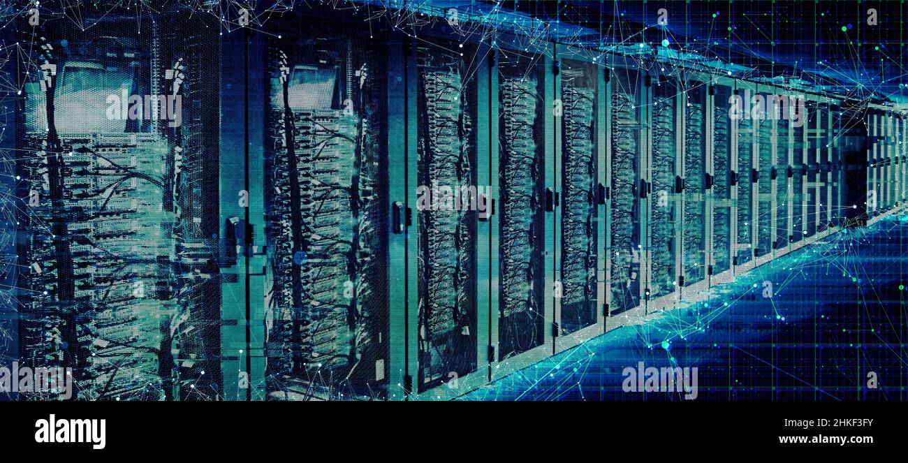 Rechenzentrum mit Servern und künstlicher Intelligenz Stockfoto