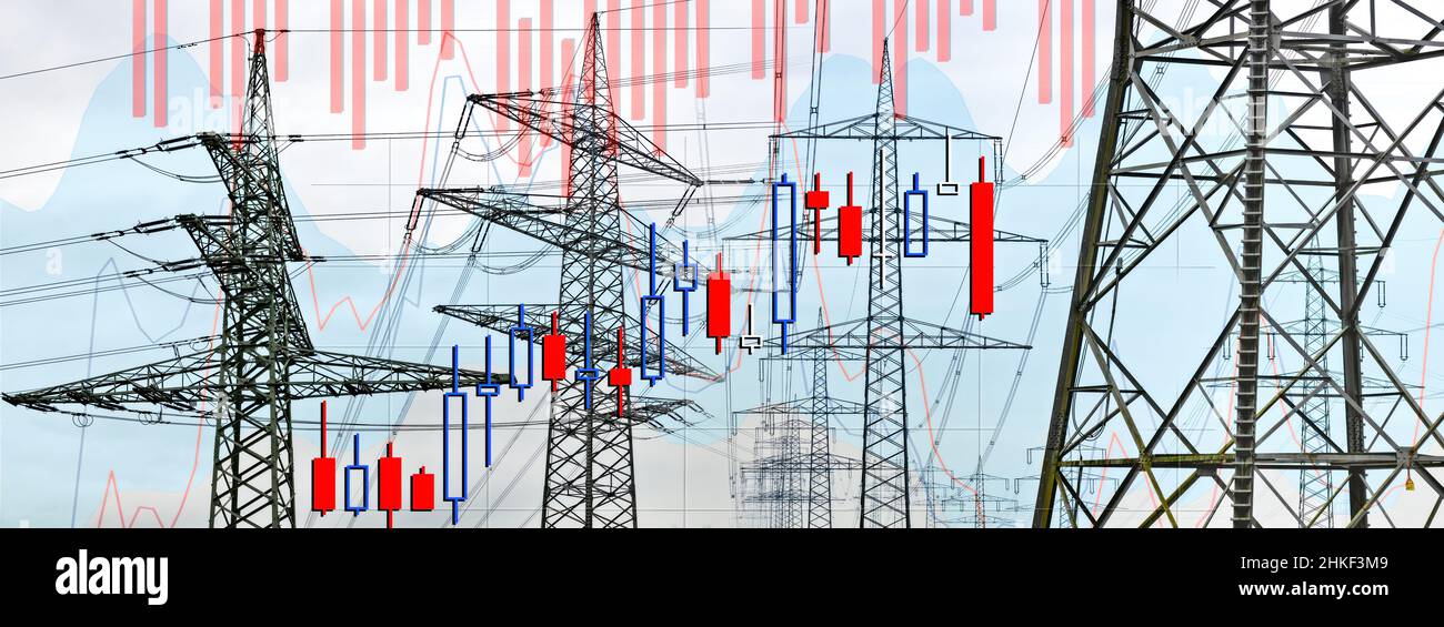 Infografik hohe Preise auf dem Strommarkt mit Strommasten und Grafiken Stockfoto
