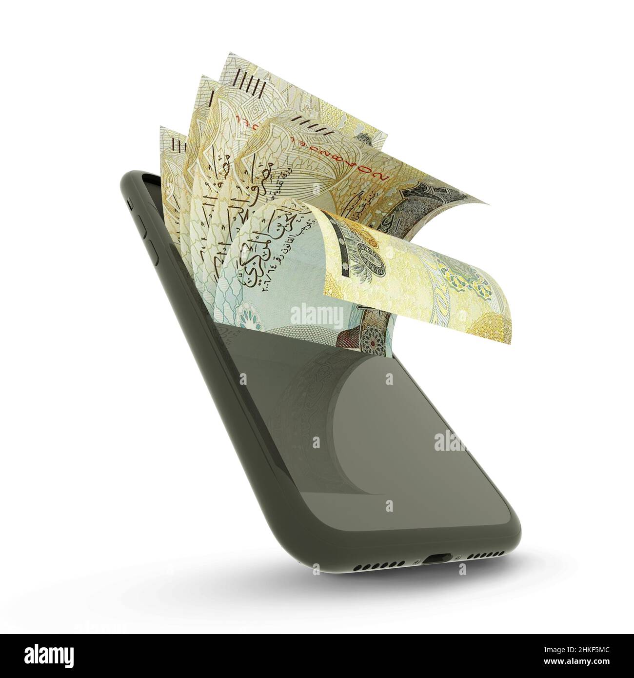 3D Wiedergabe von Bahrain-Dinar-Notizen in einem Mobiltelefon, isoliert auf weißem Hintergrund Stockfoto