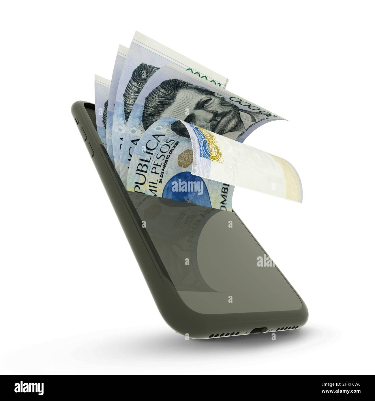 3D Wiedergabe von 20000 kolumbianischen Peso-Notizen in einem Mobiltelefon, isoliert auf weißem Hintergrund Stockfoto