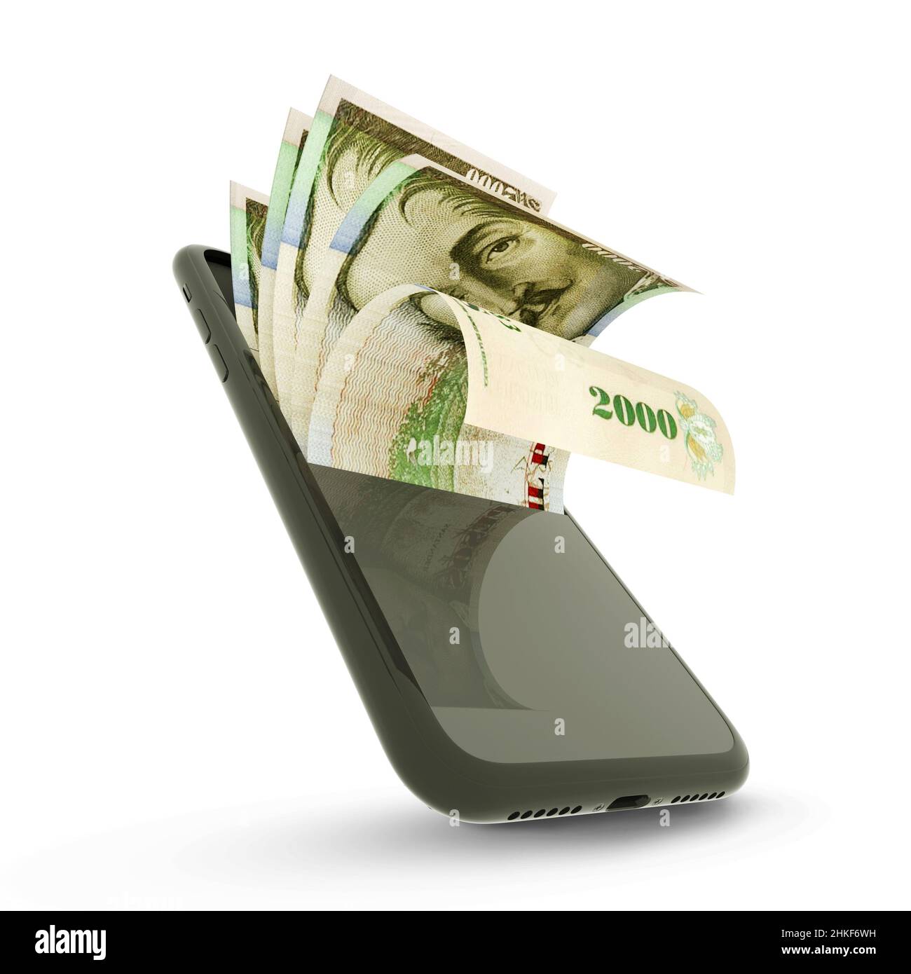 3D Wiedergabe von 2000 kolumbianischen Peso-Notizen in einem Mobiltelefon, isoliert auf weißem Hintergrund Stockfoto