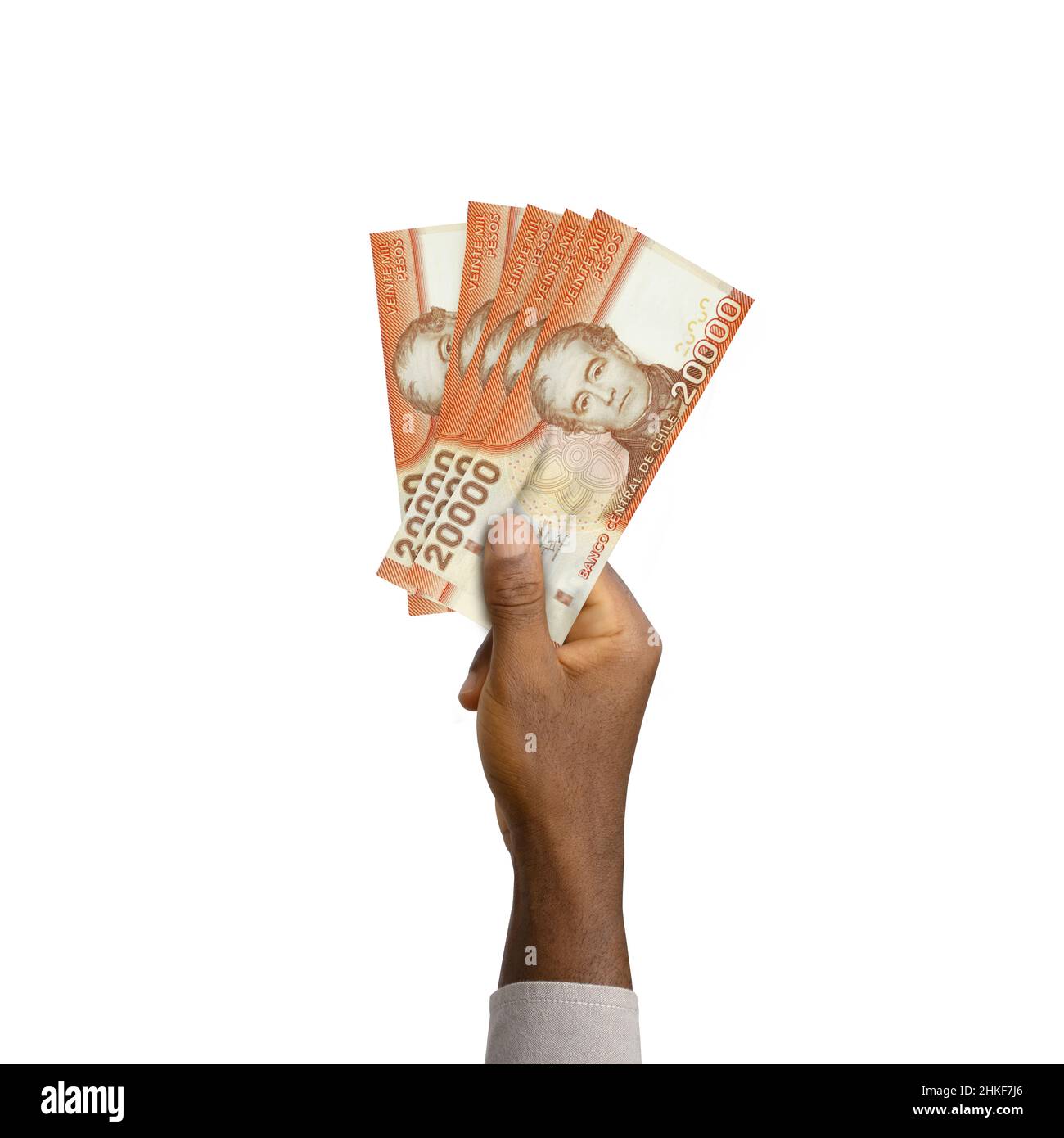 Schwarze Hand mit 3D gerenderten chilenischen Peso-Noten isoliert auf weißem Hintergrund Stockfoto