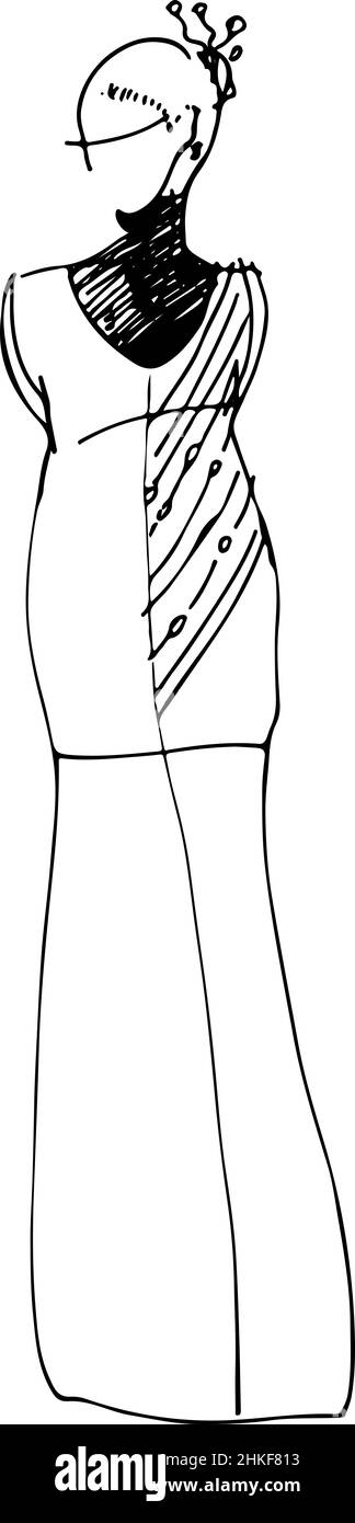 Schwarz-weiße Skizze eines Mädchens in einem langen Kleid Stockfoto