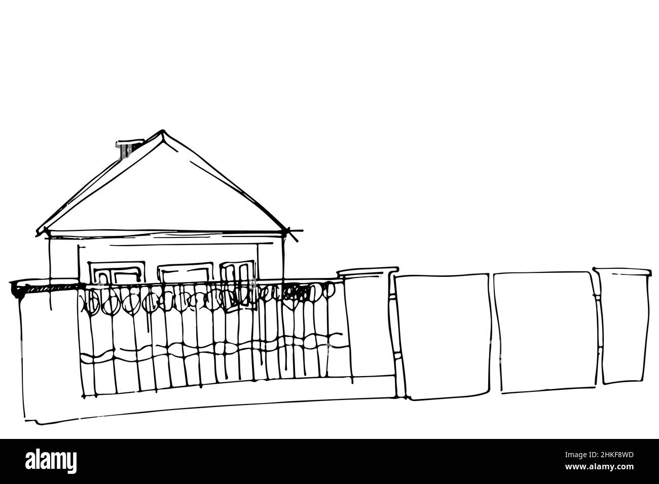 Schwarz-weiße Vektorskizze eines Hauses hinter einem Eisenzaun mit einem Tor Stockfoto