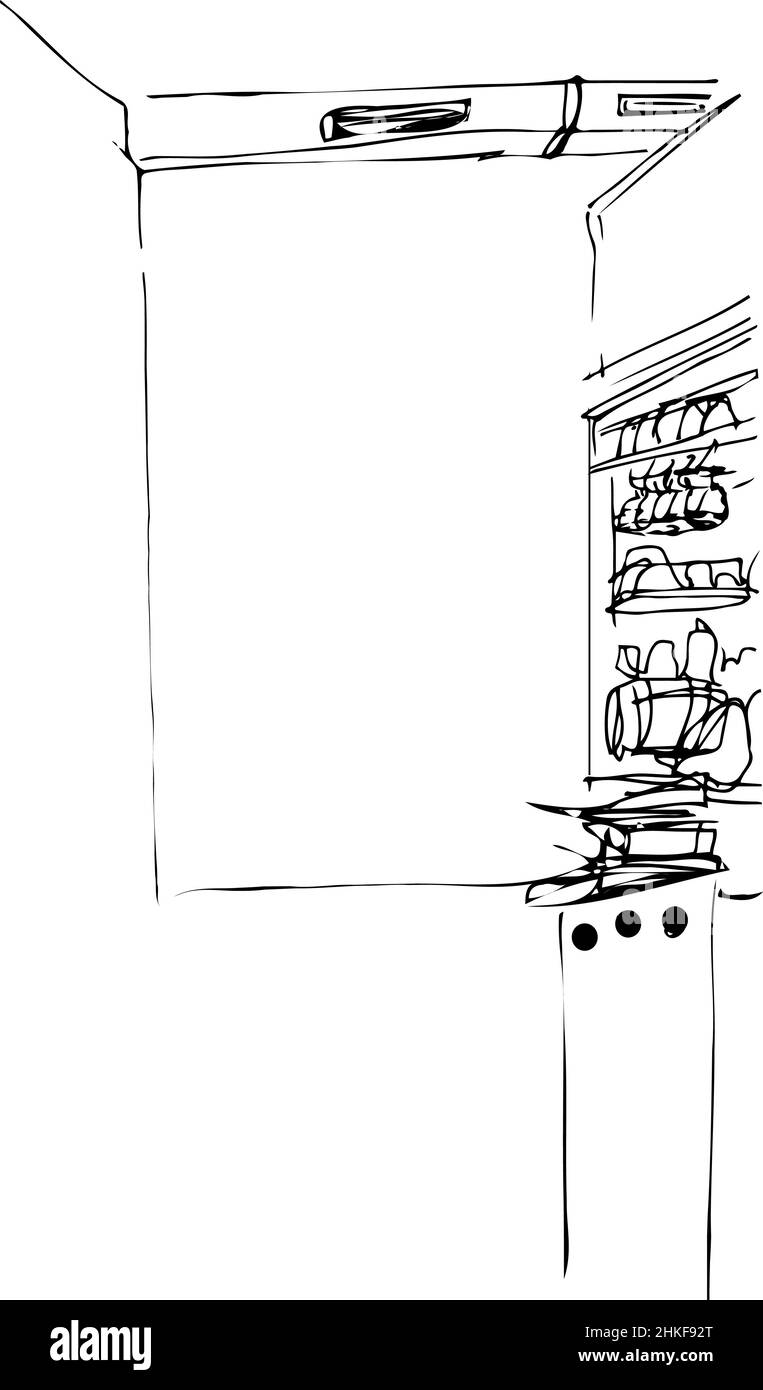 Schwarz-Weiß-Vektor-Skizze des Innenraums der Küche Stockfoto