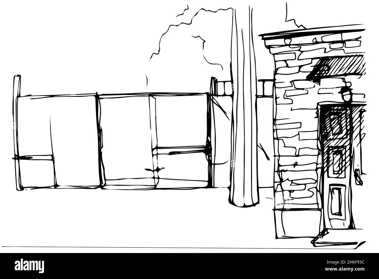 Schwarz-weiße Vektorskizze von Fassade und Innenhof mit Türen Stockfoto