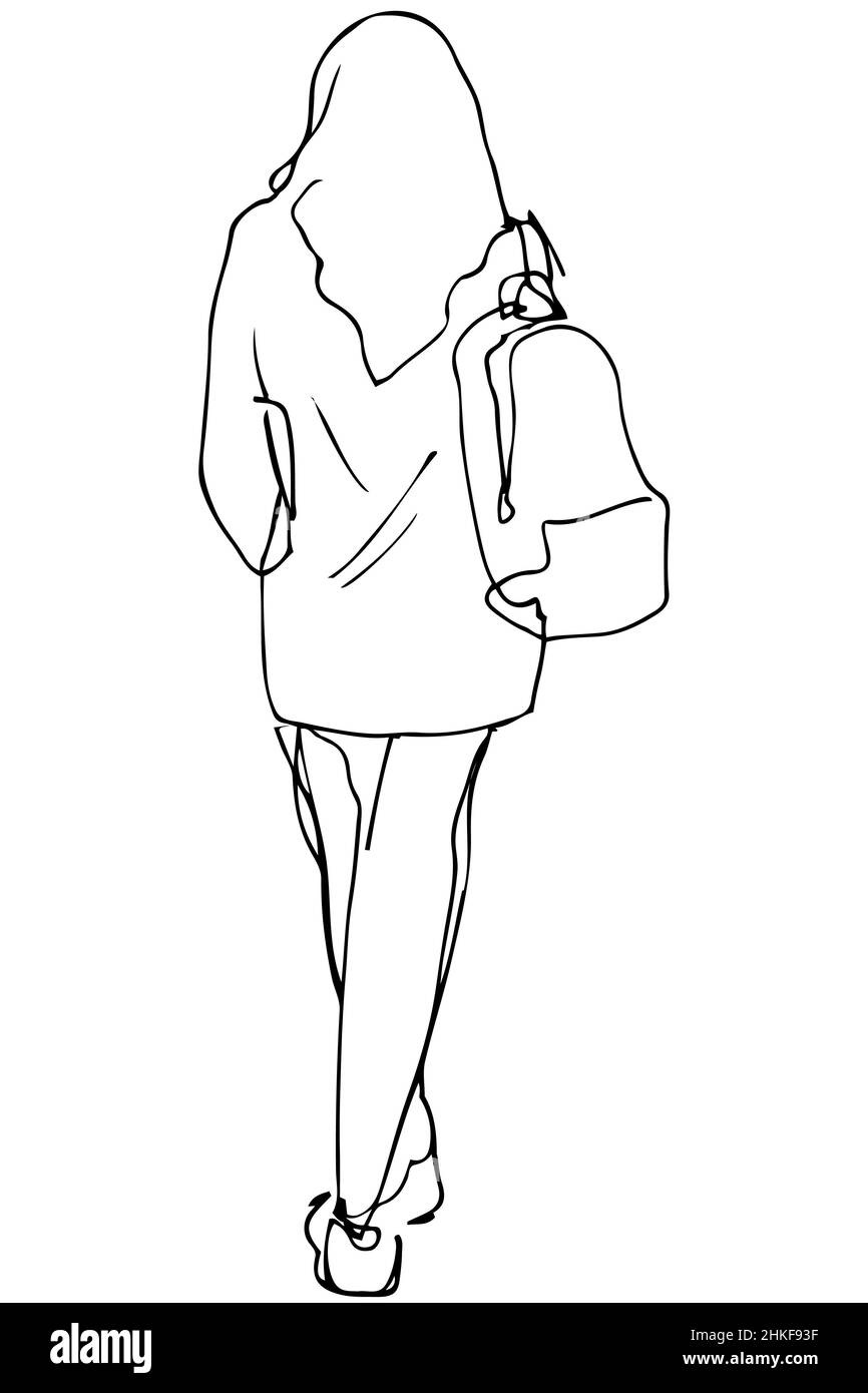 Schwarz-Weiß-Vektor-Skizze eines Mädchens mit Rucksack geht Stockfoto
