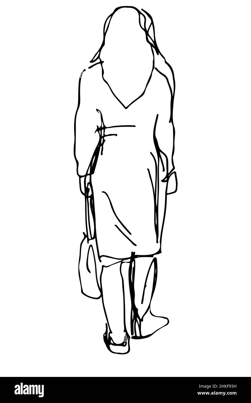 Schwarz-weiße Vektorskizze einer Frau mit einem Beutel mit Blättern Stockfoto