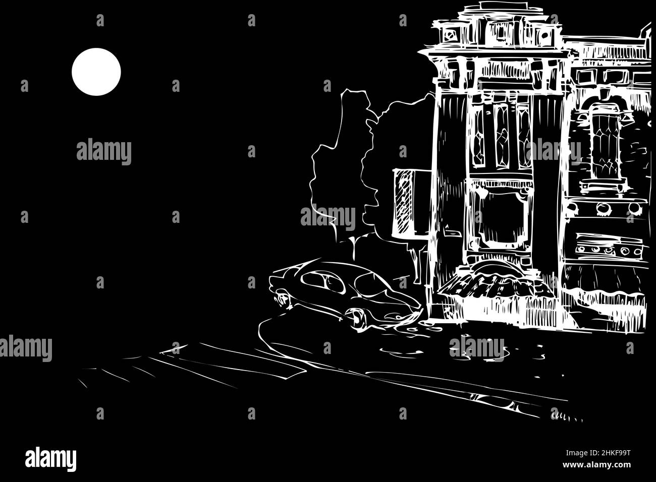 Schwarz-weiße Vektorskizze der Fassade des alten Hauses und des Autos bei Nacht Stockfoto