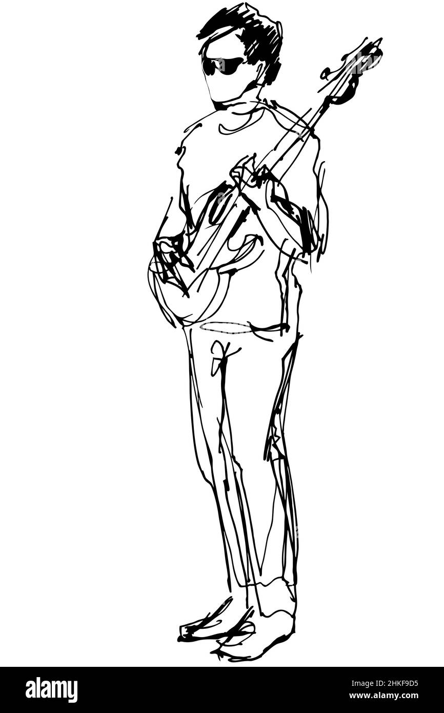 Schwarz-weiße Vektorskizze eines Typen mit Brille und E-Gitarre Stockfoto