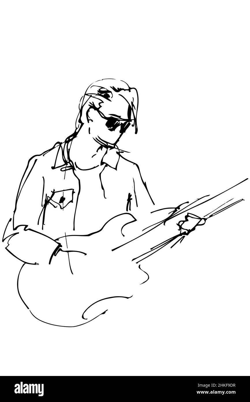 Schwarz-weiße Vektorskizze eines Typen mit Brille und E-Gitarre Stockfoto